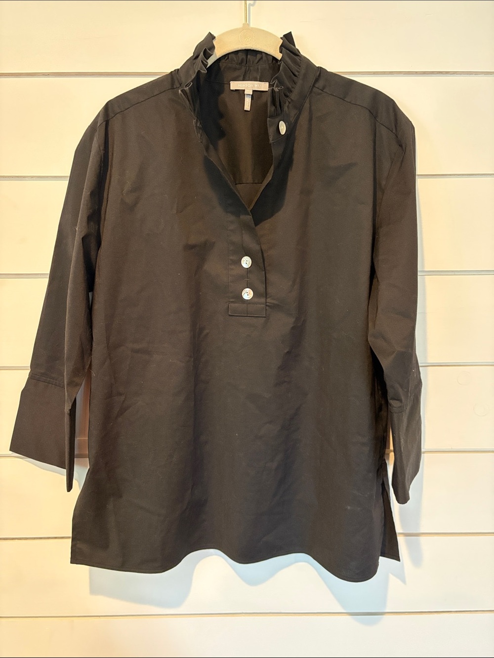 Black Ruffle-Neck Tunic Top with Button Placket